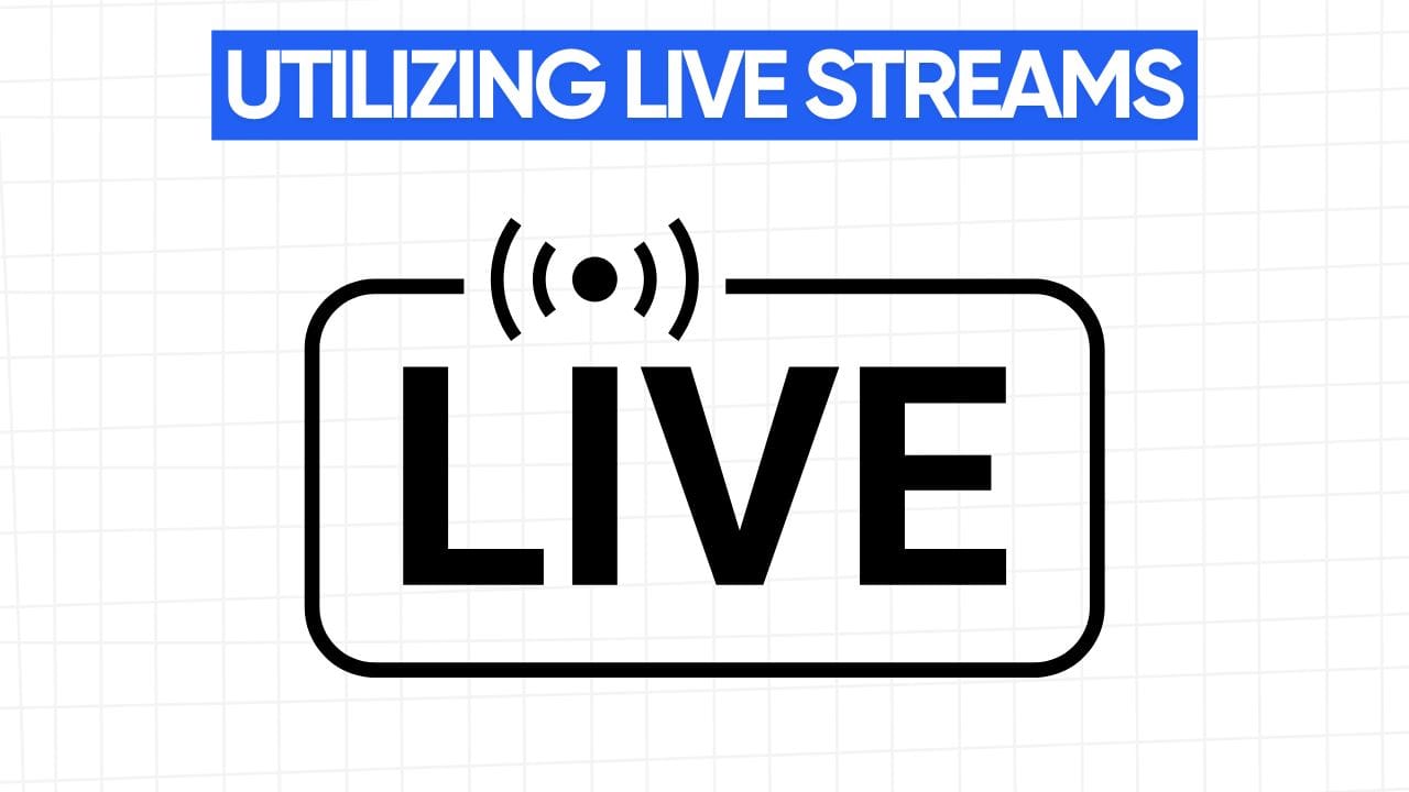 A line art drawing of a rounded rectangle containing the word "LIVE" in bold letters. Above the rectangle is a broadcast symbol with two parentheses and two dots in the center. Above the icon is a blue banner with the text "UTILIZING LIVE STREAMS" in white letters. The background is a light gray grid pattern.