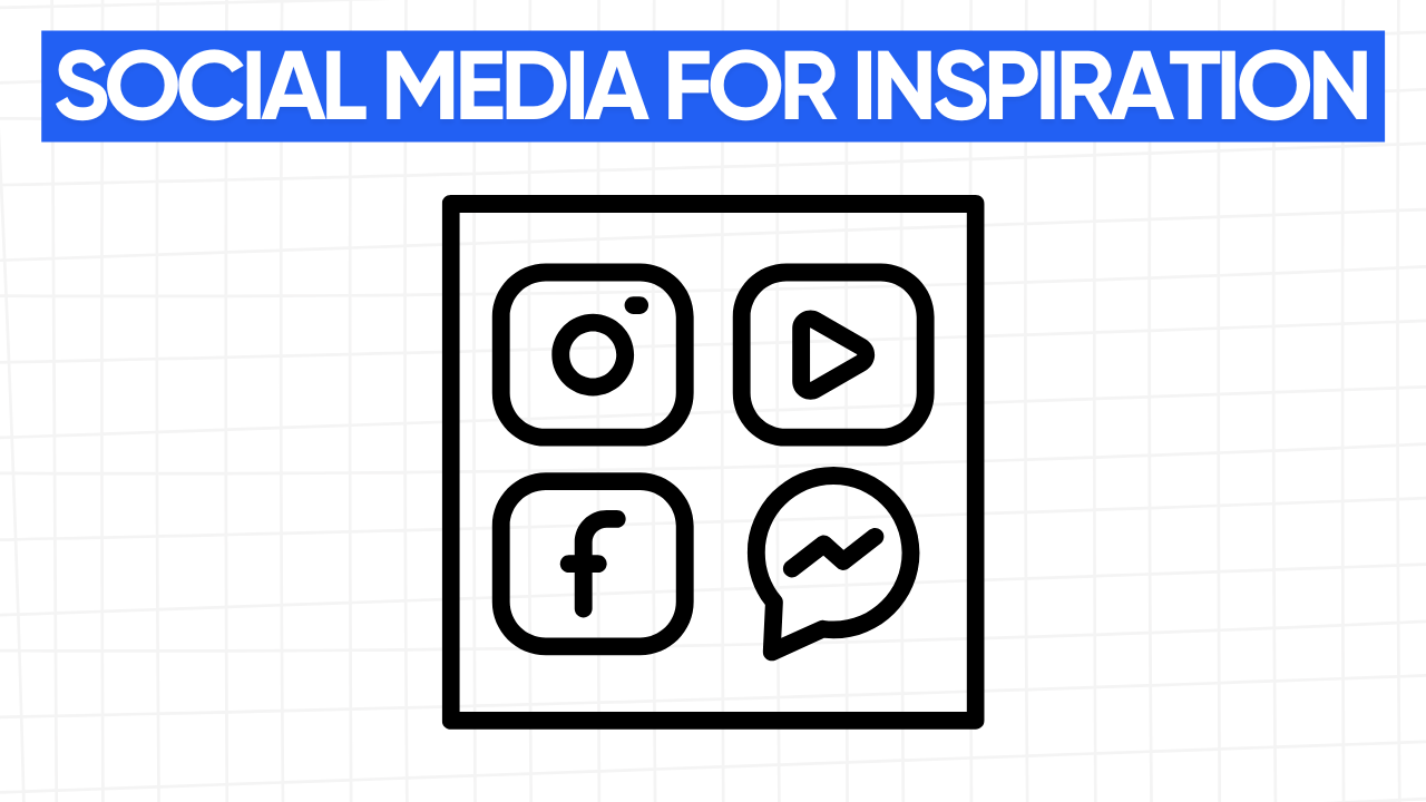 Graphic illustration of four social media icons (Instagram, YouTube, Facebook, and Messenger) arranged in a square grid. The text "SOCIAL MEDIA FOR INSPIRATION" is displayed in a blue banner at the top. The background is a light gray grid pattern.