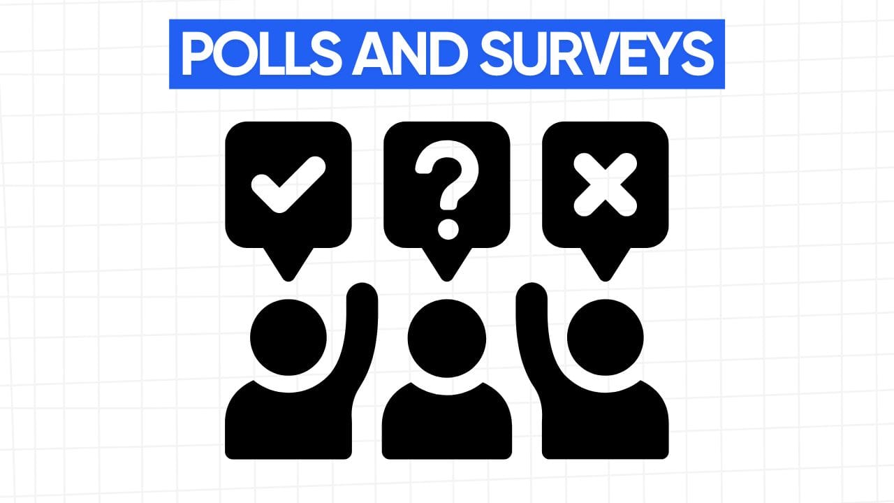 A line art drawing of three simplified figures with raised hands. Each figure has a speech bubble above them. The first bubble contains a checkmark, the second a question mark, and the third an X. Above the figures is a blue banner with the text "POLLS AND SURVEYS" in white letters. The background is a light gray grid pattern.