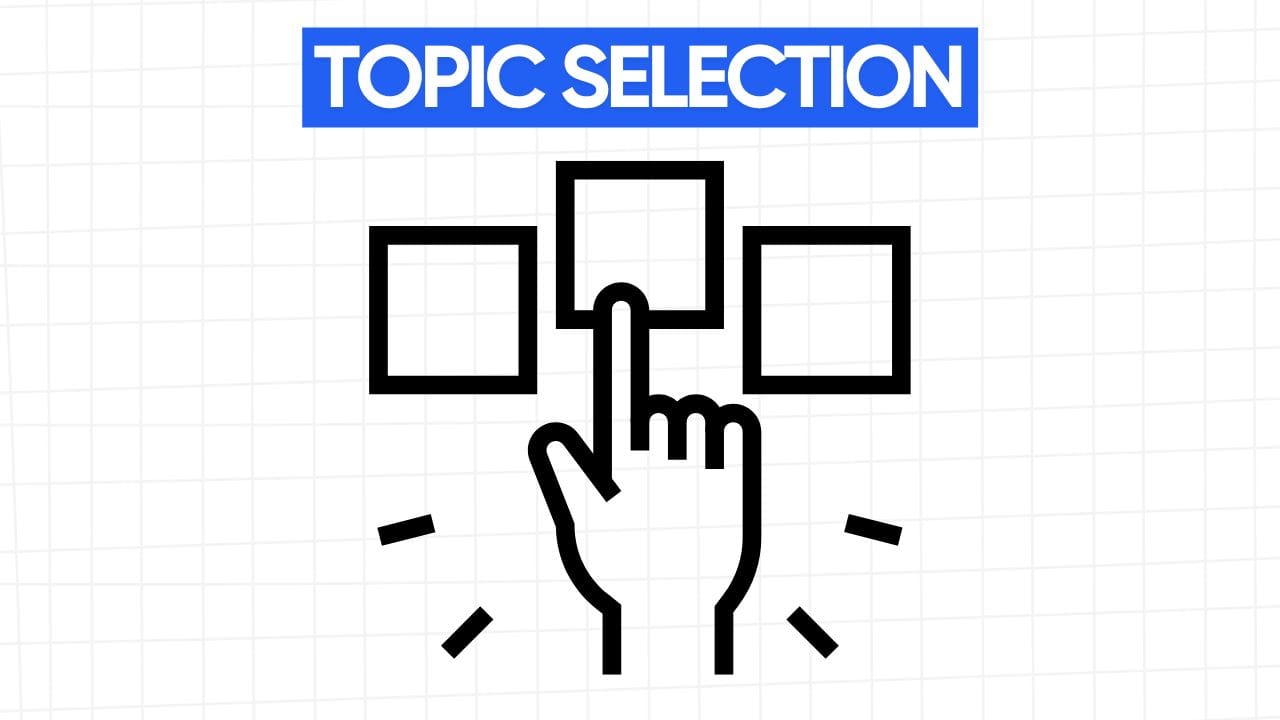 Graphic illustration of a hand selecting one of three square options, labeled "TOPIC SELECTION."
