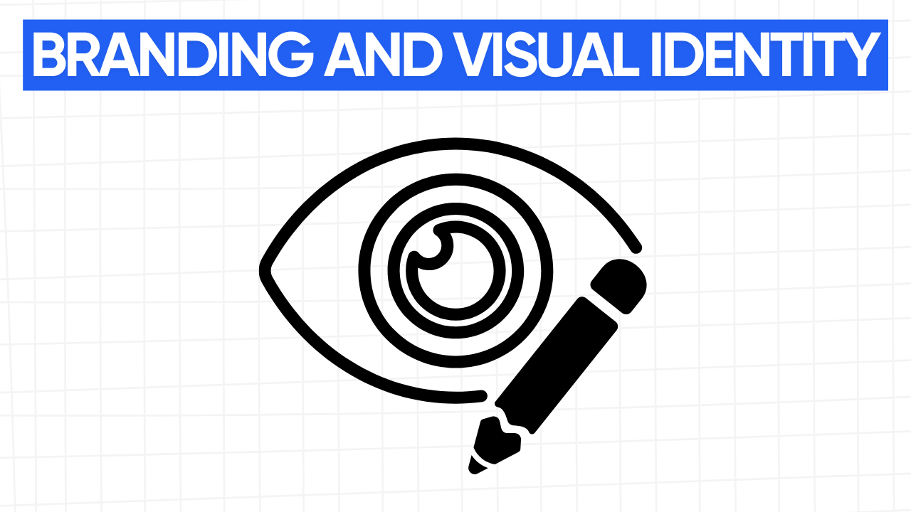Graphic illustration of an eye with a pencil as the pupil, representing branding and visual identity. The text "BRANDING AND VISUAL IDENTITY" is displayed in a blue banner at the top. The background is a light gray grid pattern.