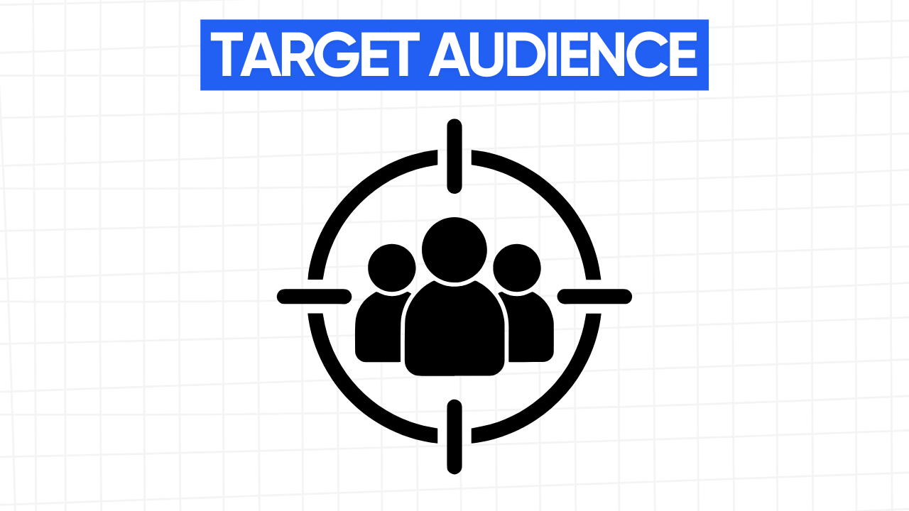 Graphic illustration of a target with a bullseye containing three stylized human figures, representing a target audience. The text "TARGET AUDIENCE" is displayed in a blue banner at the top. The background is a light gray grid pattern.