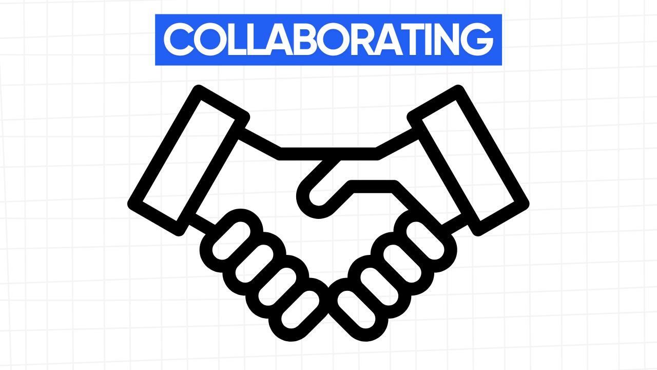Graphic illustration of two hands shaking, symbolizing collaboration. The text "COLLABORATING" is displayed in a blue banner at the top. The background is a light gray grid pattern.