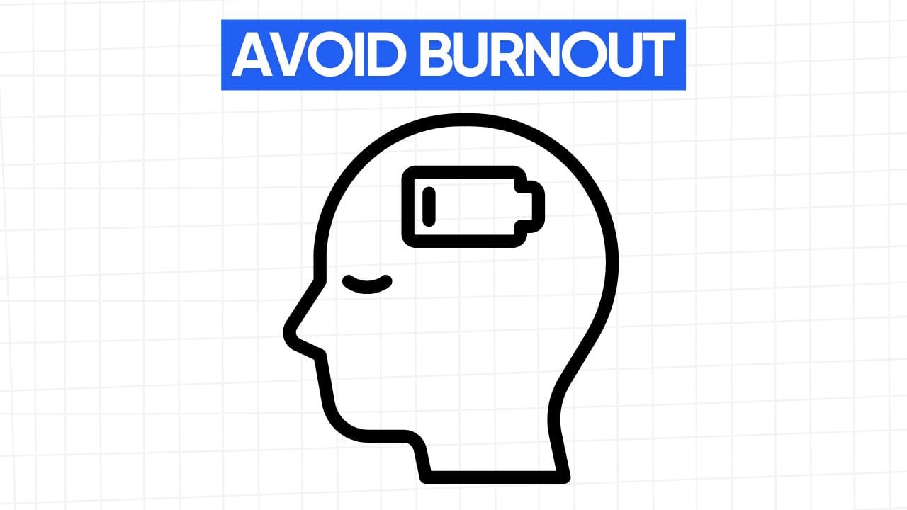 A head outline with a low battery symbol inside, showing burnout. The words "AVOID BURNOUT" appear in a blue banner at the top. The background is a grid pattern of light gray.