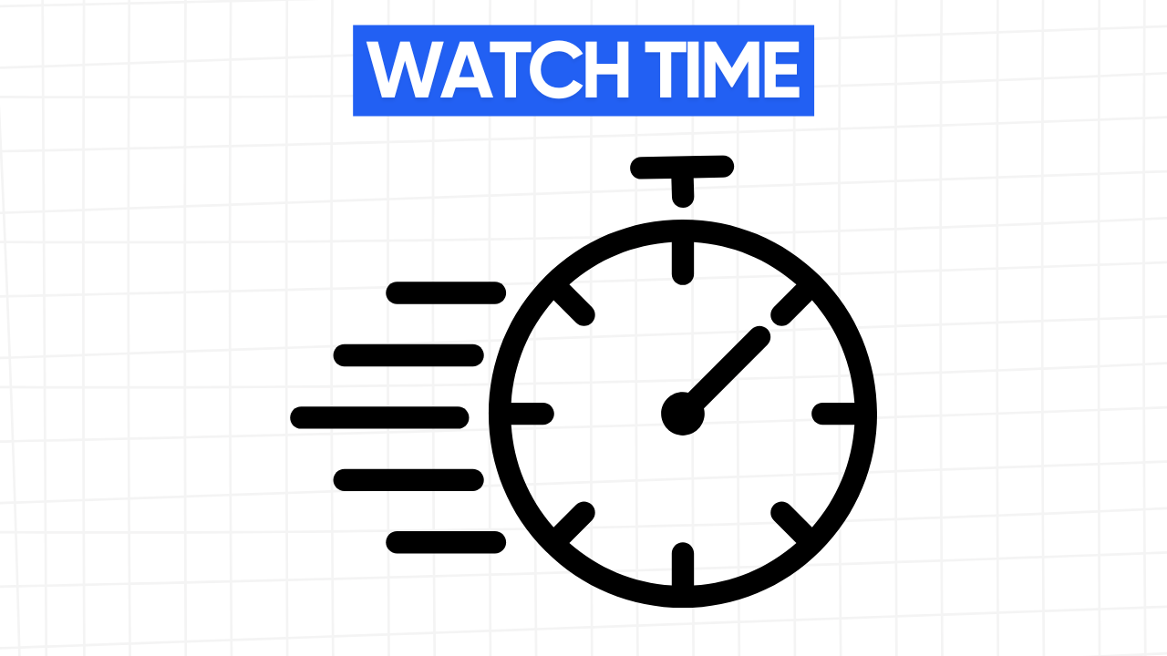 Graphic illustration of a stopwatch with lines indicating motion, representing watch time. The text "WATCH TIME" is displayed in a blue banner at the top. The background is a light gray grid pattern.