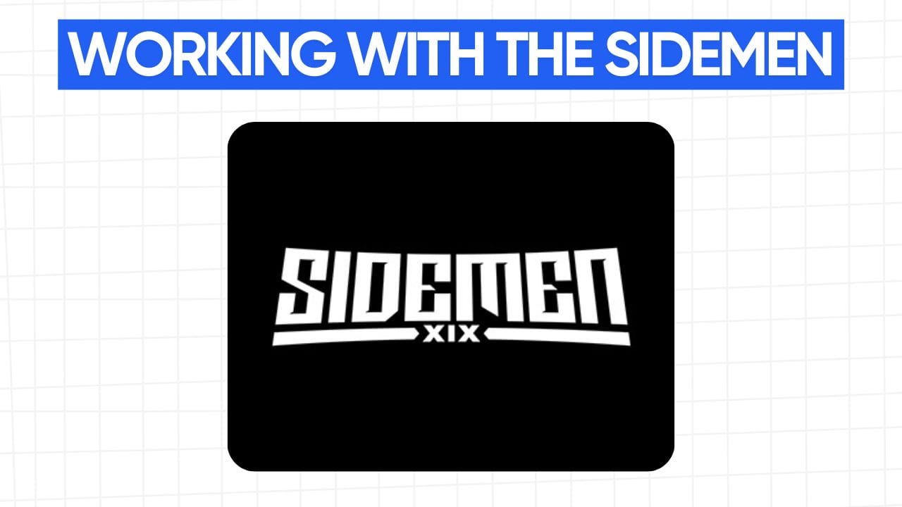 The Sidemen logo, a stylized wordmark "SIDEMEN" with "XIX" below, on a black square. The words "WORKING WITH THE SIDEMEN" appear in a blue banner at the top. The background is a grid pattern of light gray.