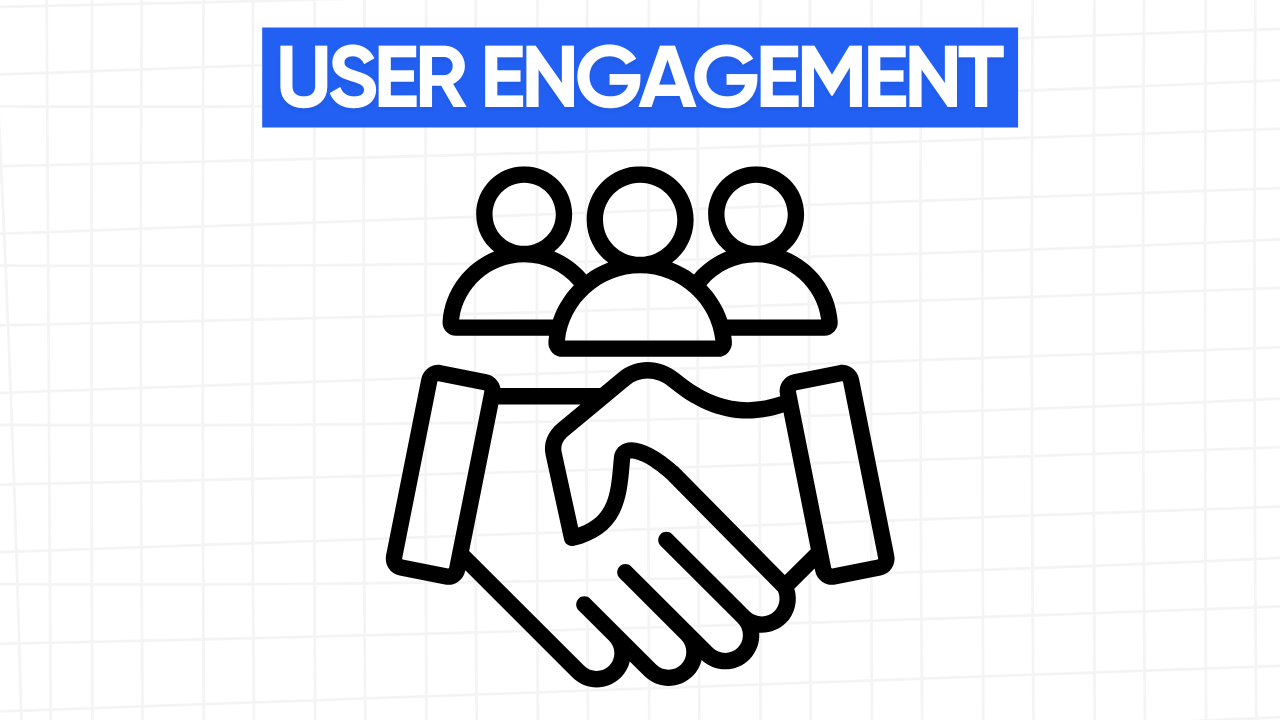 Graphic illustration of two hands shaking below three stylized human figures, representing user engagement and community building. The text "USER ENGAGEMENT" is displayed in a blue banner at the top. The background is a light gray grid pattern.