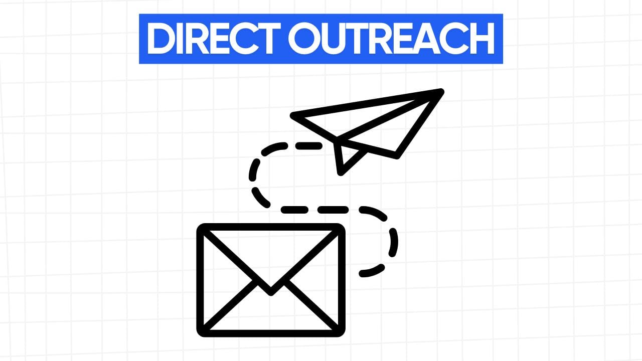 A paper airplane flies out of an envelope, showing direct outreach. The words "DIRECT OUTREACH" appear in a blue banner at the top. The background is a grid pattern of light gray.