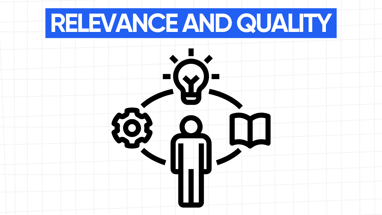 Graphic illustration of a stylized human figure at the center, with a lightbulb, a gear, and a book icon circulating around them, representing the elements of relevance and quality. The text "RELEVANCE AND QUALITY" is displayed in a blue banner at the top. The background is a light gray grid pattern.