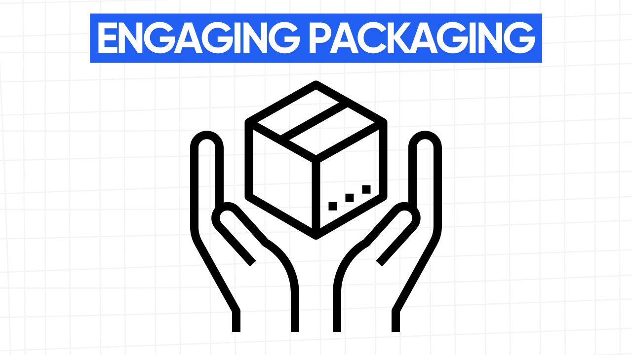 Graphic illustration of two hands gently holding a box, representing engaging packaging. The text "ENGAGING PACKAGING" is displayed in a blue banner at the top. The background is a light gray grid pattern.