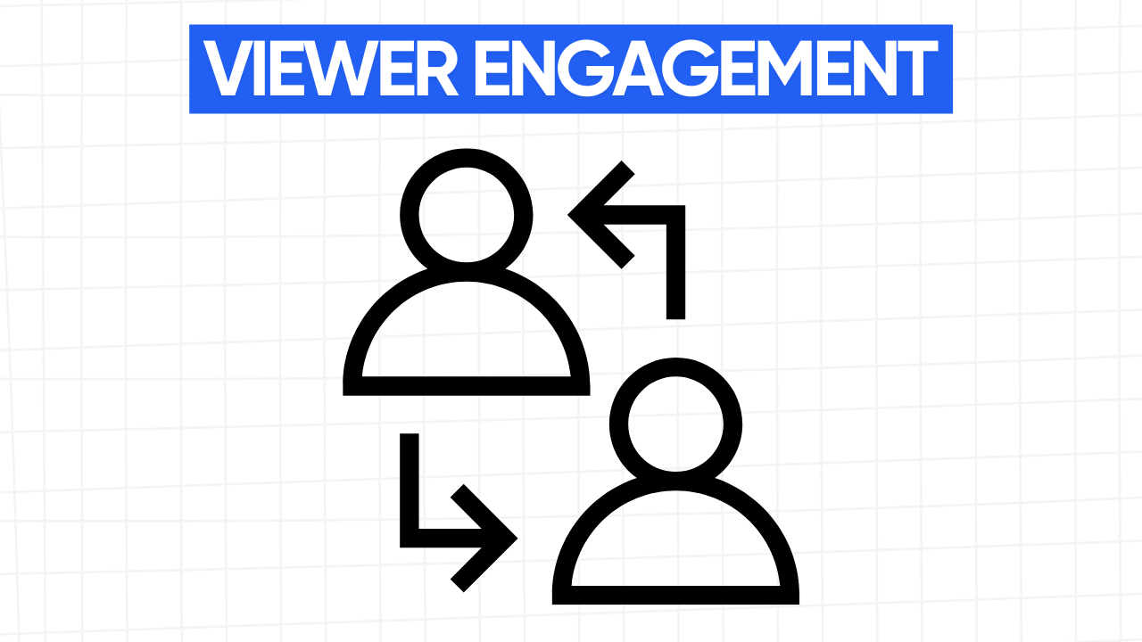 Graphic illustration of two stylized human figures with arrows looping between them, representing viewer engagement and interaction. The text "VIEWER ENGAGEMENT" is displayed in a blue banner at the top. The background is a light gray grid pattern.