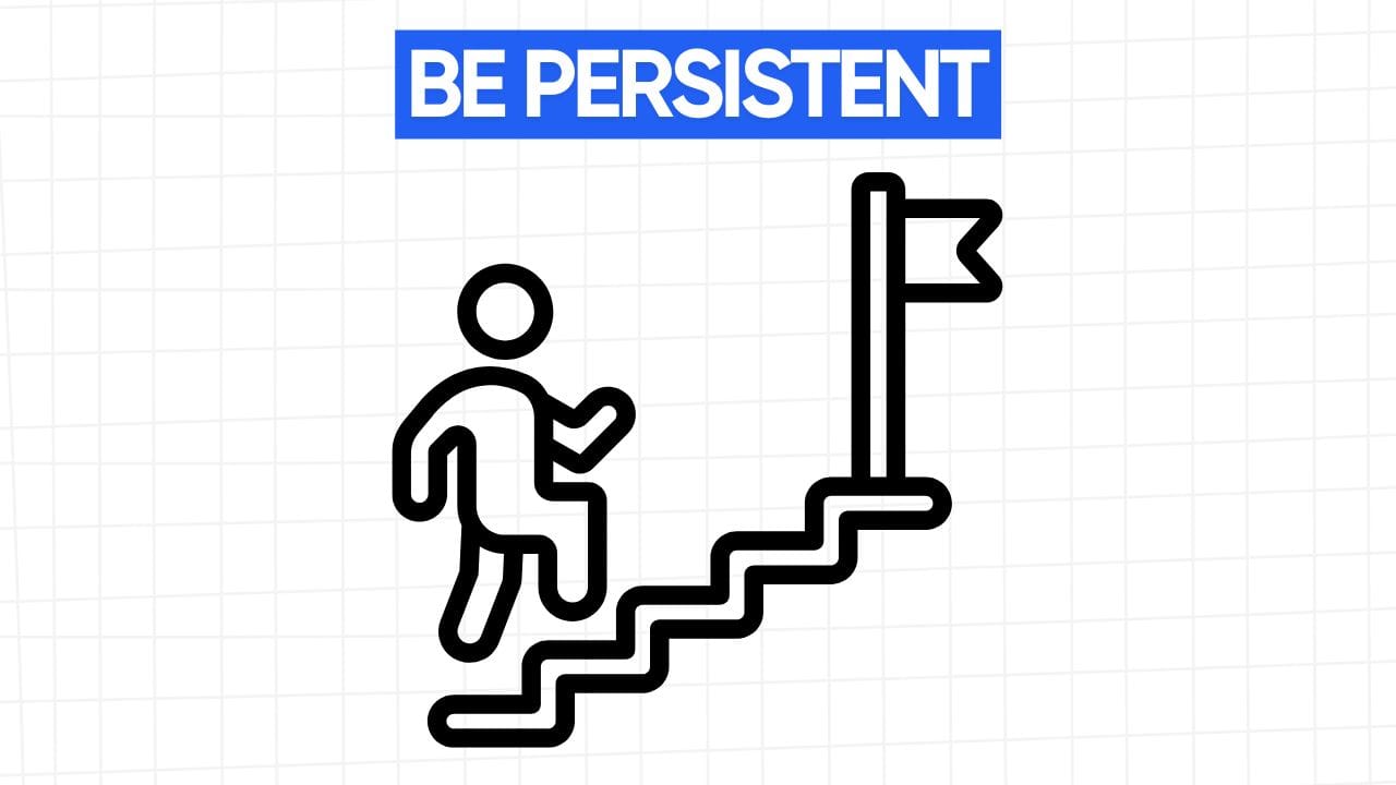 A person climbs stairs toward a flag, showing persistence. The words "BE PERSISTENT" appear in a blue banner at the top. The background is a grid pattern of light gray.