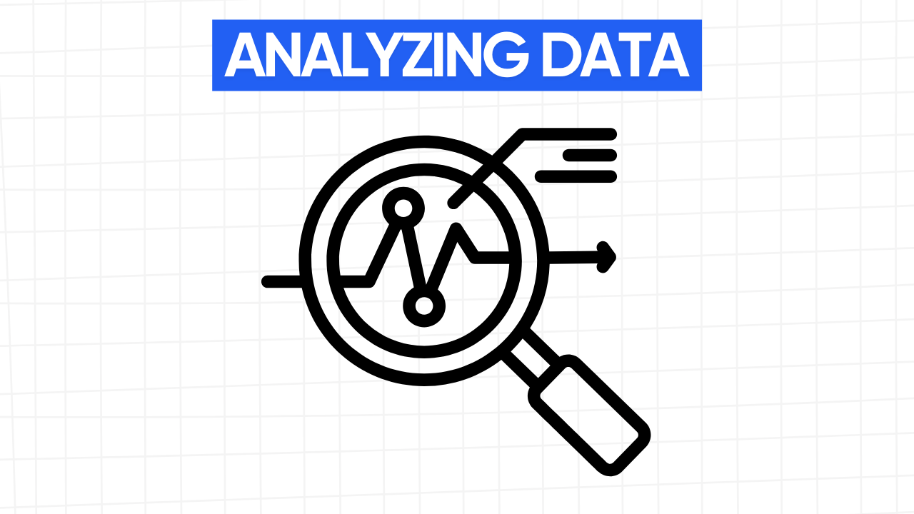 A magnifying glass with a graph inside, showing data analysis. The words "ANALYZING DATA" appear in a blue banner at the top. The background is a grid pattern of light gray.