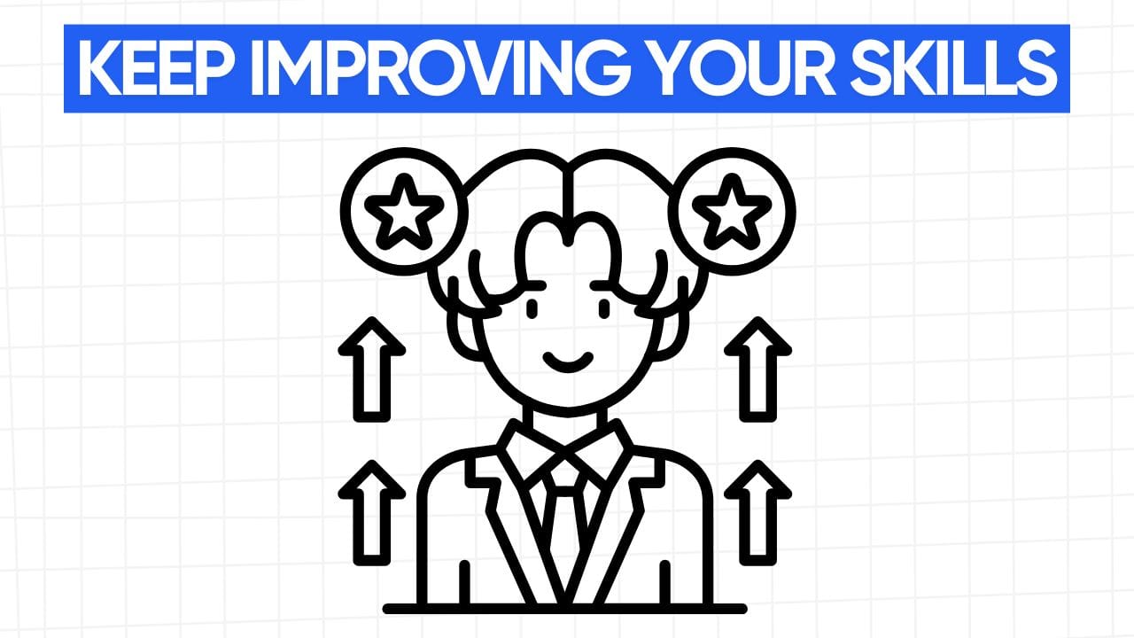 A person with stars and upward arrows, showing skill improvement. The words "KEEP IMPROVING YOUR SKILLS" appear in a blue banner at the top. The background is a grid pattern of light gray.