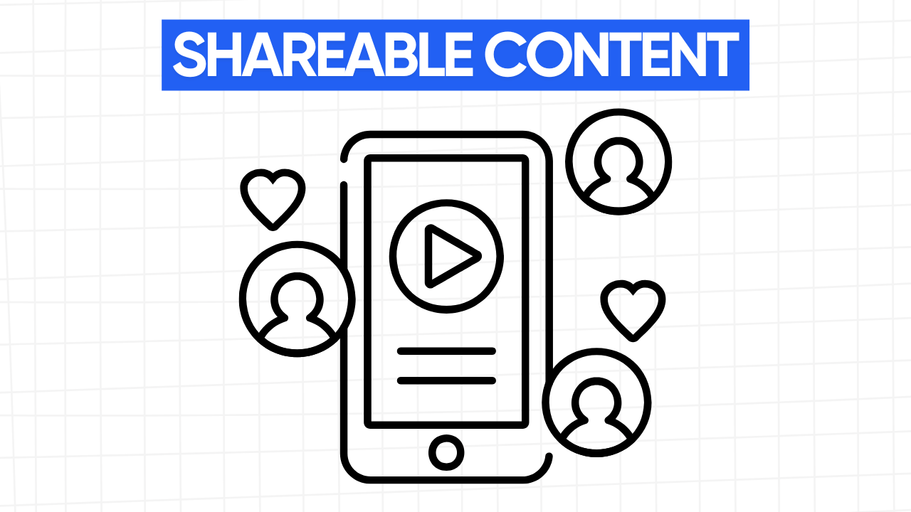 A phone screen with a play button, surrounded by people icons and hearts, showing shareable content. The words "SHAREABLE CONTENT" appear in a blue banner at the top. The background is a grid pattern of light gray.