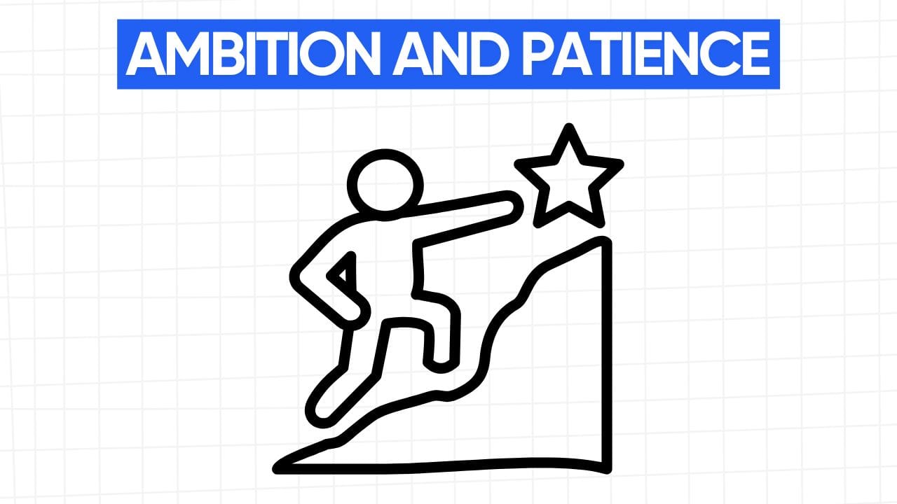 A person climbs a hill toward a star, showing ambition and patience. The words "AMBITION AND PATIENCE" appear in a blue banner at the top. The background is a grid pattern of light gray.