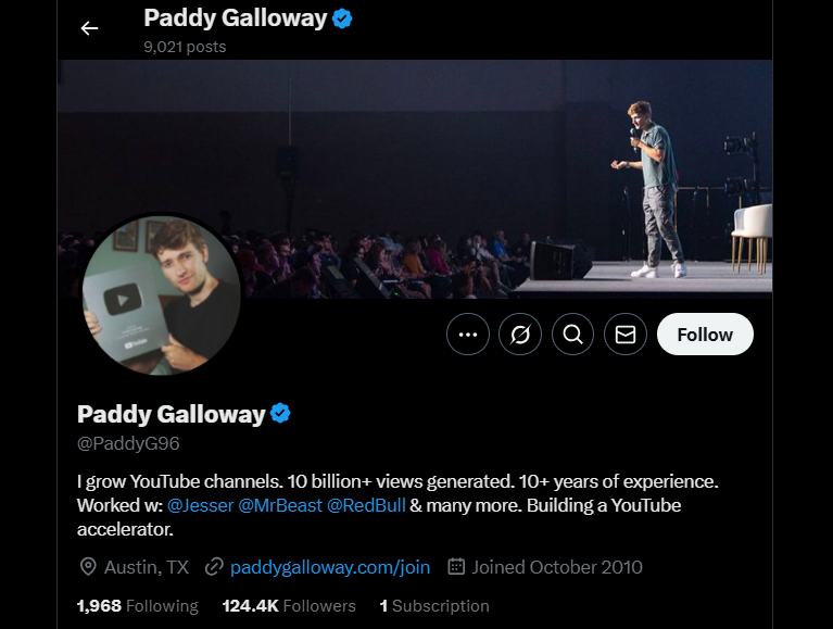 A Twitter profile screenshot of Paddy Galloway (@PaddyG96). The profile shows his name, bio, location (Austin, TX), website, join date, number of posts, followers, and following. The bio mentions his experience growing YouTube channels, generating over 10 billion views, and working with creators like Jesser, MrBeast, and Red Bull. A "Follow" button is visible.