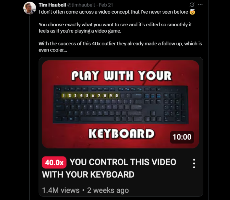 A screenshot of a Twitter post by Tim Haubeil (@timhaubeil) with a video thumbnail. The tweet praises a video called "PLAY WITH YOUR KEYBOARD" for its innovative concept and smooth editing. The thumbnail shows a keyboard with numbered keys and the text "YOU CONTROL THIS VIDEO WITH YOUR KEYBOARD." The video has 1.4 million views.