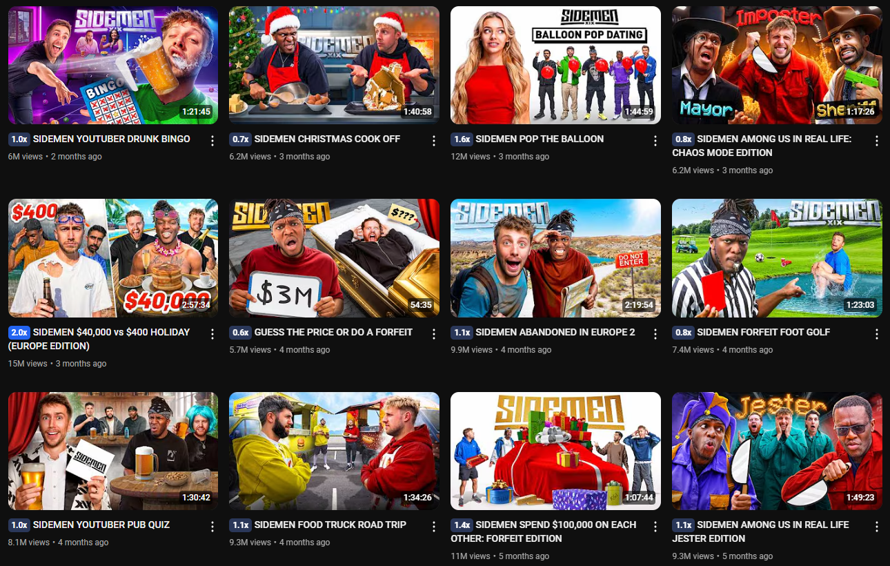 A collage of YouTube video thumbnails from the "Sidemen" channel, showing titles, timestamps, view counts, and upload durations. The videos include titles like "SIDEMEN YOUTUBER DRUNK BINGO," "SIDEMEN CHRISTMAS COOK OFF," "SIDEMEN POP THE BALLOON," "SIDEMEN AMONG US IN REAL LIFE: CHAOS MODE EDITION," "SIDEMEN $40,000 vs $400 HOLIDAY (EUROPE EDITION)," "GUESS THE PRICE OR DO A FORFEIT," "SIDEMEN ABANDONED IN EUROPE 2," "SIDEMEN FORFEIT FOOT GOLF," "SIDEMEN YOUTUBER PUB QUIZ," "SIDEMEN FOOD TRUCK ROAD TRIP," "SIDEMEN SPEND $100,000 ON EACH OTHER: FORFEIT EDITION," and "SIDEMEN AMONG US IN REAL LIFE JESTER EDITION." The thumbnails feature the Sidemen members and various guests. The "SDMN" logo is visible. The timestamps range from 54:35 to 2:19:54. The view counts range from 5.7M to 15M. The uploads date from 2 to 5 months ago.
