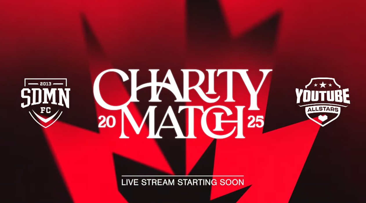 A red and black graphic shows the "SDMN FC" logo and "YouTube Allstars" logo on either side of the words "CHARITY MATCH 2025." The words "LIVE STREAM STARTING SOON" appear at the bottom.