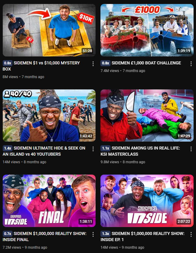 A collage of YouTube video thumbnails from the "Sidemen" channel, showing titles, timestamps, view counts, and upload durations. The videos include titles like "SIDEMEN $1 vs $10,000 MYSTERY BOX," "SIDEMEN £1,000 BOAT CHALLENGE," "SIDEMEN ULTIMATE HIDE & SEEK ON AN ISLAND vs 40 YOUTUBERS," "SIDEMEN AMONG US IN REAL LIFE: KSI MASTERCLASS," "SIDEMEN $1,000,000 REALITY SHOW: INSIDE FINAL," and "SIDEMEN $1,000,000 REALITY SHOW: INSIDE EP. 1." The thumbnails feature the Sidemen members and various guests. The "SDMN" logo is visible. The timestamps range from 51:28 to 2:07:22. The view counts range from 7.2M to 14M. The uploads date from 7 to 9 months ago. The image also includes "$10K" and "£1000" text.