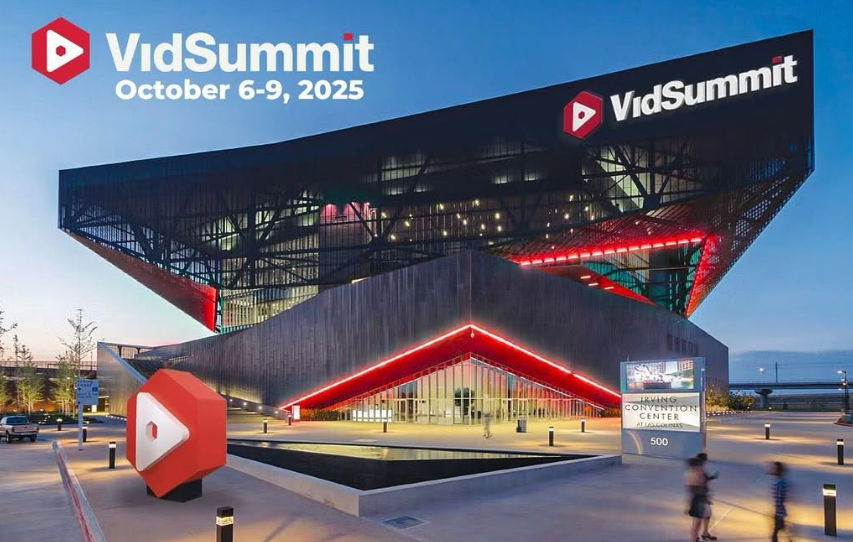 A building with a sign that says "VidSummit" and "October 6-9, 2025." A YouTube play button logo is on the left. People walk in front of the building.