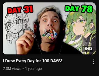 A YouTube video thumbnail with a dark background. In the center is a close-up shot of PewDiePie looking surprised with colored markers sticking out of his mouth. On the left is a sketch of an anime character with "DAY 31" written above it. On the right is a more detailed drawing of an anime character with "DAY 78" written above it. The video title "I Drew Every Day for 100 DAYS!" is in white letters below the image, followed by the view count and upload date. The video duration "15:53" is visible in the bottom right corner. The image focuses on PewDiePie's 100-day drawing challenge and his artistic progress.