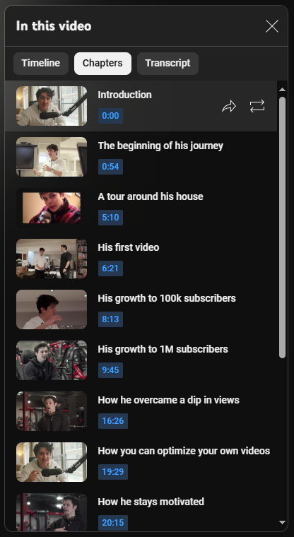 YouTube interface showing video chapters with thumbnails, including topics like a creator’s journey, home tour, subscriber milestones, and video optimization advice.