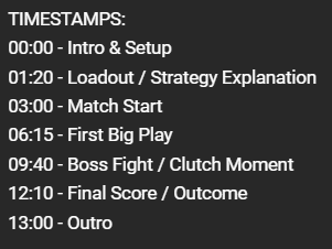 List of gameplay video timestamps including intro, strategy explanation, match start, first big play, boss fight, final score, and outro.