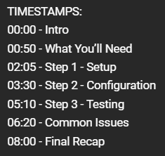 Timestamps from a tutorial video outlining what you’ll need, setup steps, configuration, testing, and a final recap with common issues addressed.