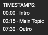 Simple video timestamp list showing an introduction, a main topic segment, and an outro for a short-form content piece.