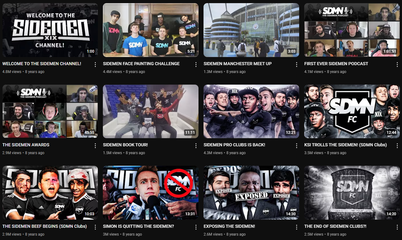 A grid of YouTube video thumbnails with titles, timestamps, and view counts. The videos show different members of "The Sidemen" group and cover various topics like challenges, meetups, podcasts, gaming, and drama. The words "WELCOME TO THE SIDEMEN CHANNEL!" appear at the top, along with "SDMN," "XIX," "DMA," and "FC."