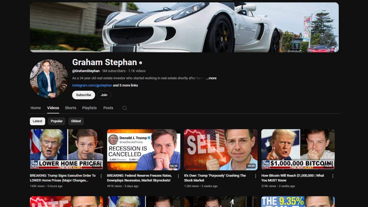 A YouTube channel page screenshot of "Graham Stephan" (@GrahamStephan) with 5M subscribers. The channel banner shows a white sports car. The "Videos" tab displays four thumbnails with titles like "BREAKING: Trump Signs Executive Order To LOWER Home Prices (Major Changes...," "BREAKING: Federal Reserve Freezes Rates, Downplays Recession, Market Skyrockets!," "It's Over: Trump 'Purposely' Crashing The Stock Market," and "How Bitcoin Will Reach $1,000,000 | What You MUST Know." The thumbnails feature Graham Stephan and various news-related graphics. The video durations range from 14:25 to 16:10. The view counts range from 143K to 1.2M. The uploads date from 5 hours to 2 weeks ago. The words "LOWER HOME PRICES," "RECESSION IS CANCELLED," "SELL," and "$1,000,000 BITCOIN" are visible on the thumbnails. The channel also has a "Subscribe" and "Join" button.