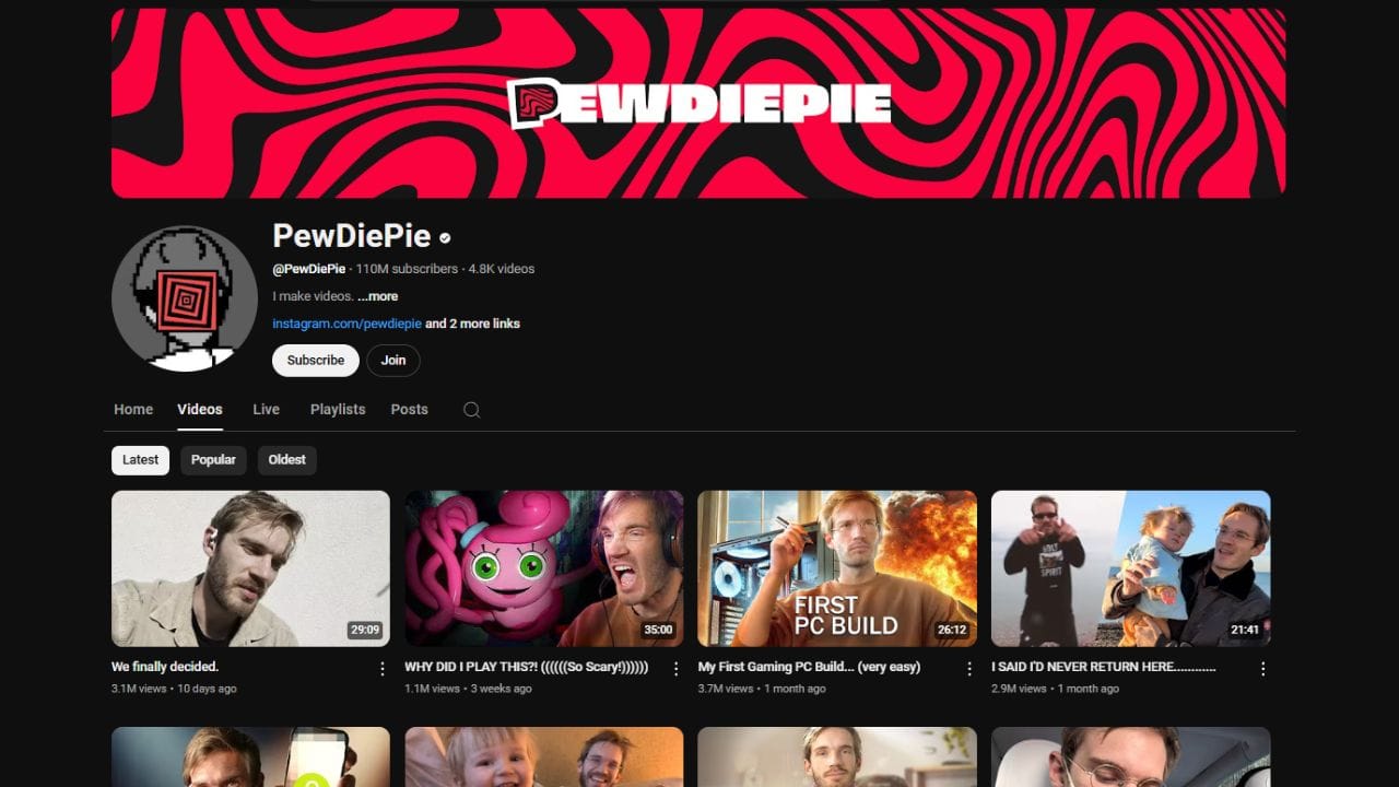 A YouTube channel page screenshot of "PewDiePie" (@PewDiePie) with 110M subscribers. The channel banner shows the name "PEWDIEPIE" in bold letters with a red and black abstract background. The "Videos" tab displays four thumbnails with titles like "We finally decided...," "WHY DID I PLAY THIS?! (((((So Scary!))))))," "My First Gaming PC Build... (very easy)," and "I SAID I'D NEVER RETURN HERE.........." The thumbnails feature PewDiePie and various scenes from his videos. The video durations range from 21:41 to 35:00. The view counts range from 1.1M to 3.7M. The uploads date from 10 days to 1 month ago. The words "FIRST PC BUILD" are visible on one of the thumbnails. The channel also has a "Subscribe" and "Join" button.