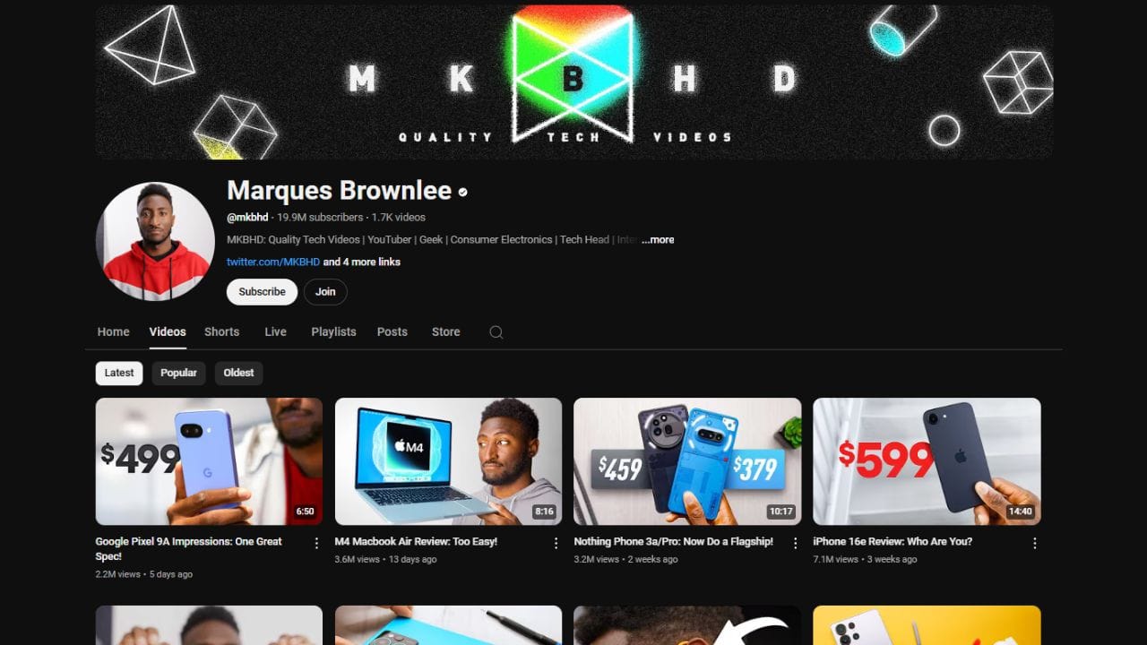 A YouTube channel page screenshot of "Marques Brownlee" (MKBHD) (@mkbhd) with 19.9M subscribers. The channel banner shows the letters "MKBHD" in a stylized font with the tagline "QUALITY TECH VIDEOS." The "Videos" tab displays four thumbnails with titles like "Google Pixel 9A Impressions: One Great Spec!," "M4 Macbook Air Review: Too Easy!," "Nothing Phone 3a/Pro: Now Do a Flagship!," and "iPhone 16e Review: Who Are You?" The thumbnails feature Marques Brownlee and various tech products. The video durations range from 6:50 to 14:40. The view counts range from 2.2M to 7.1M. The uploads date from 5 days to 3 weeks ago. The thumbnails also include price tags for the products. The channel also has a "Subscribe" and "Join" button.
