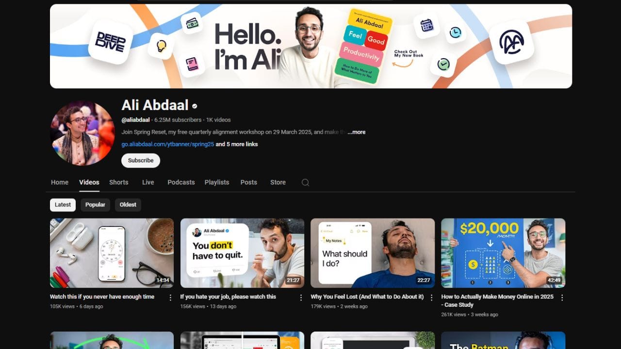 A YouTube channel page screenshot of "Ali Abdaal" (@aliabdaal) with 6.25M subscribers. The channel banner shows Ali Abdaal with the text "Hello. I'm Ali" and icons related to his content (deep dive, feel good, productivity, new book). The "Videos" tab displays four thumbnails with titles like "Watch this if you never have enough time," "If you hate your job, please watch this," "Why You Feel Lost (And What to Do About It)," and "How to Actually Make Money Online in 2025 - Case Study." The thumbnails feature Ali Abdaal and various scenes from his videos. The video durations range from 14:34 to 42:49. The view counts range from 105K to 261K. The uploads date from 6 days to 3 weeks ago. The thumbnails also include dollar amounts ($0, $10K, $20,000) and the text "The Batman Effect." The channel also has a "Subscribe" button.
