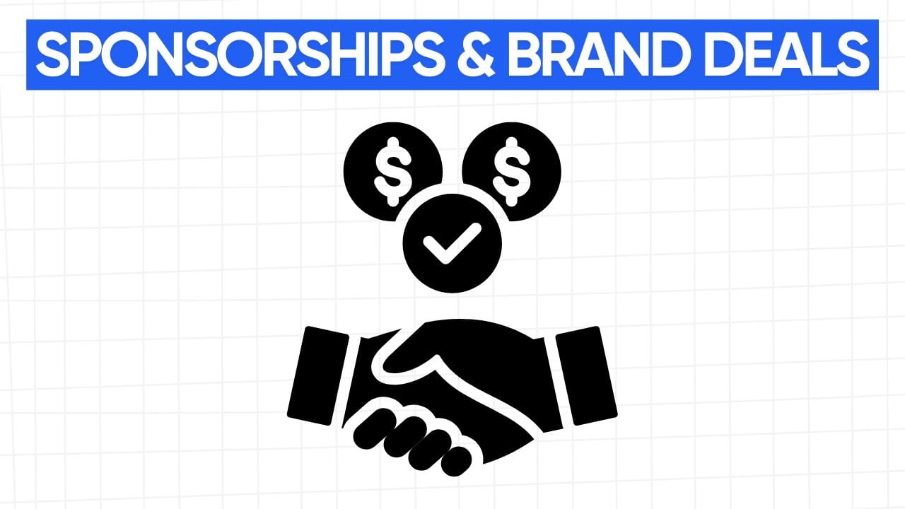 Two dollar signs and a checkmark above a handshake, showing sponsorships and brand deals. The words "SPONSORSHIPS & BRAND DEALS" appear in a blue banner at the top. The background is a grid pattern of light gray.