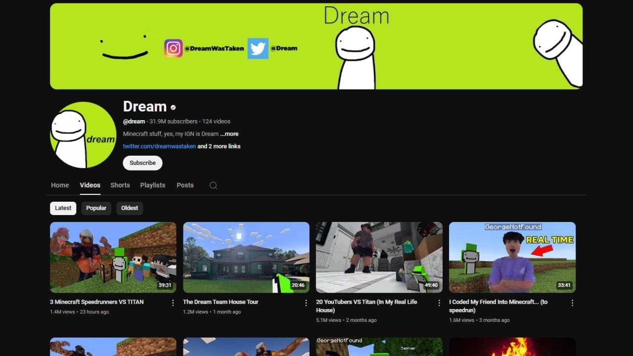 A YouTube channel page screenshot of "Dream" (@dream) with 31.9M subscribers. The channel banner shows the Dream character's face with a smile and links to his Instagram and Twitter. The "Videos" tab displays four thumbnails with titles like "3 Minecraft Speedrunners VS TITAN," "The Dream Team House Tour," "20 YouTubers VS Titan (In My Real Life House)," and "I Coded My Friend Into Minecraft... (to speedrun)." The thumbnails show various Minecraft-related content and collaborations with other creators. The video durations range from 20:46 to 49:40. The view counts range from 1.2M to 5.1M. The uploads date from 23 hours to 3 months ago. The word "GeorgeNotFound" is visible on one of the thumbnails.
