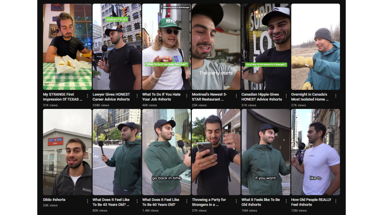 A grid of twelve YouTube Shorts thumbnails. The thumbnails feature the same young man in various settings, including a restaurant, a city street, and a remote location. The video titles include "My STRANGE First Impression Of TEXAS...," "Lawyer Gives HONEST Career Advice #shorts," "What To Do If You Hate Your Job #shorts," "Montreal's Newest 5-STAR Restaurant...," "Canadian Hippie Gives HONEST Advice #shorts," "Overnight in Canada's Most Isolated Home...," "Dildo #shorts," "What Does It Feel Like To Be 43 Years Old?...," "What Does It Feel Like To Be 60 Years Old?...," "Throwing a Party for Strangers in a...," "What it Feels Like To Be Old #shorts," and "How Old People REALLY Feel #shorts." View counts range from 20K to 16M. The thumbnails also include text overlays like "The party starts," "go back in time," "if you want," and "like to."