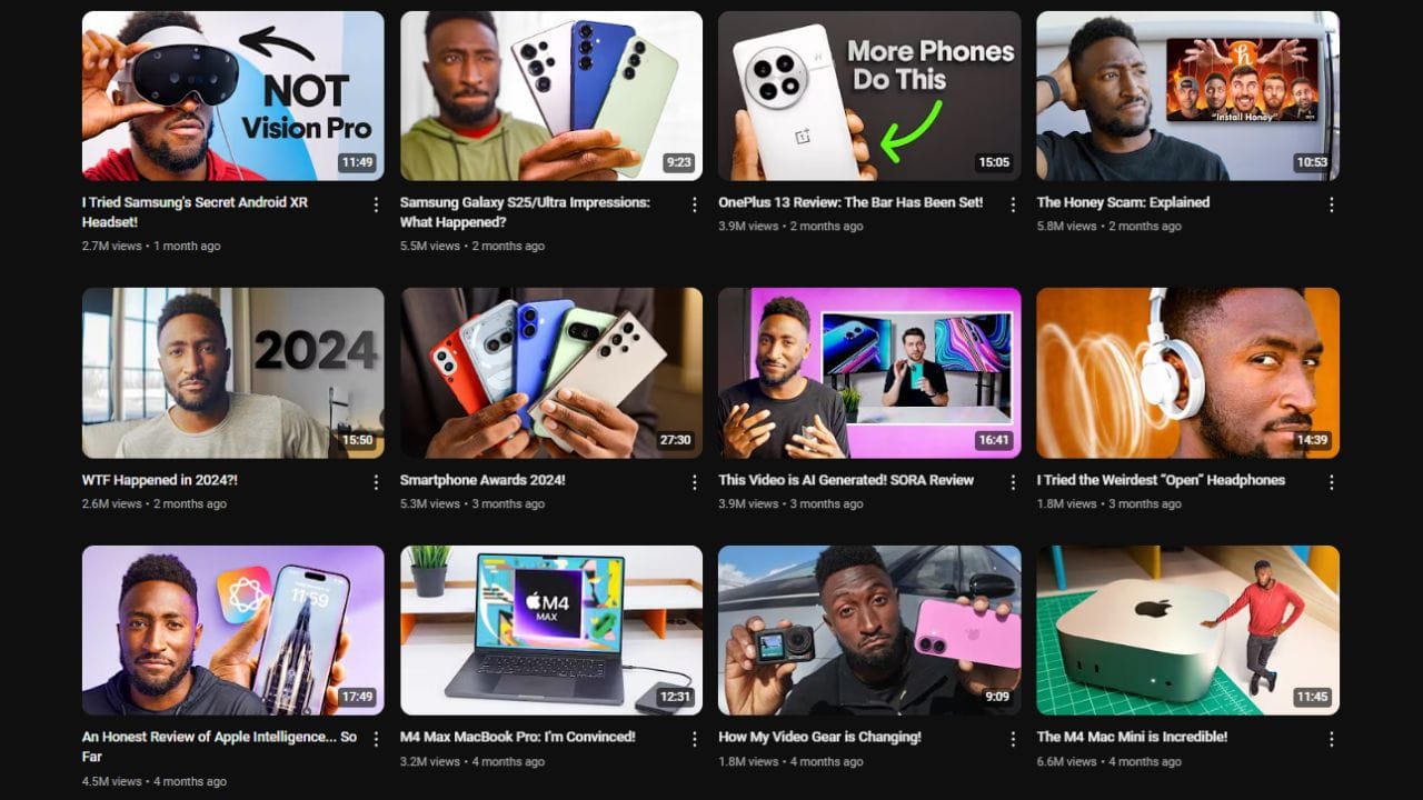 A YouTube channel page screenshot of "Marques Brownlee" (MKBHD) (@mkbhd) with 19.9M subscribers. The channel banner shows the letters "MKBHD" in a stylized font with the tagline "QUALITY TECH VIDEOS." The "Videos" tab displays four thumbnails with titles like "Google Pixel 9A Impressions: One Great Spec!," "M4 Macbook Air Review: Too Easy!," "Nothing Phone 3a/Pro: Now Do a Flagship!," and "iPhone 16e Review: Who Are You?" The thumbnails feature Marques Brownlee and various tech products. The video durations range from 6:50 to 14:40. The view counts range from 2.2M to 7.1M. The uploads date from 5 days to 3 weeks ago. The thumbnails also include price tags for the products. The channel also has a "Subscribe" and "Join" button.