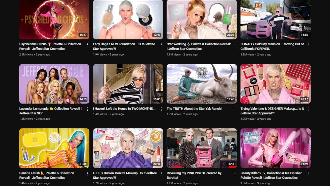 A collage of video thumbnails from Jeffree Star's YouTube channel. Titles include "We Stayed At The Taco Bell Hotel!", "Jeffree Star - Prom Night (Official Video)", "I Followed My 100 Year Old Grandma's Favorite Makeup Tutorial", "CRAYOLA MAKEUP… Is It Jeffree Star Approved?!", and "JEFFREE STAR SPEAKING JUST THE FACTS...".