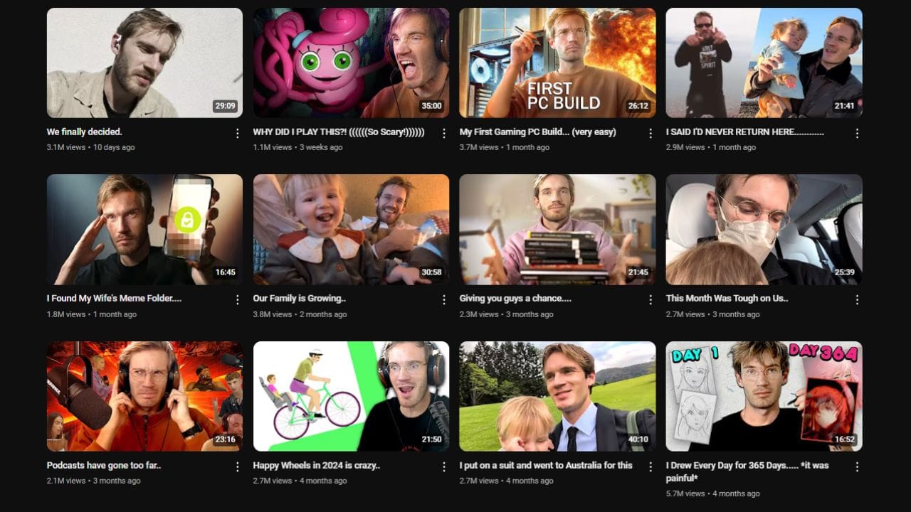 A grid of twelve video thumbnails from PewDiePie's YouTube channel. The thumbnails feature PewDiePie in various settings, including gaming setups, vlogs, and personal moments. Video titles include "We finally decided...", "WHY DID I PLAY THIS?! (((((So Scary!)))))", "My First Gaming PC Build... (very easy)", "I SAID I'D NEVER RETURN HERE..........", "I Found My Wife's Meme Folder...", "Our Family is Growing...", "Giving you guys a chance...", "This Month Was Tough on Us...", "Podcasts have gone too far...", "Happy Wheels in 2024 is crazy...", "I put on a suit and went to Australia for this", and "I Drew Every Day for 365 Days... it was painful". Video durations range from 16:45 to 40:10. View counts range from 1.1M to 3.8M. Upload dates range from 10 days to 4 months ago.