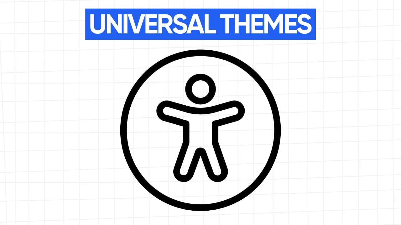 A stick figure inside a circle, representing universal themes. The words "UNIVERSAL THEMES" appear in a blue banner at the top. The background is a grid pattern of light gray.