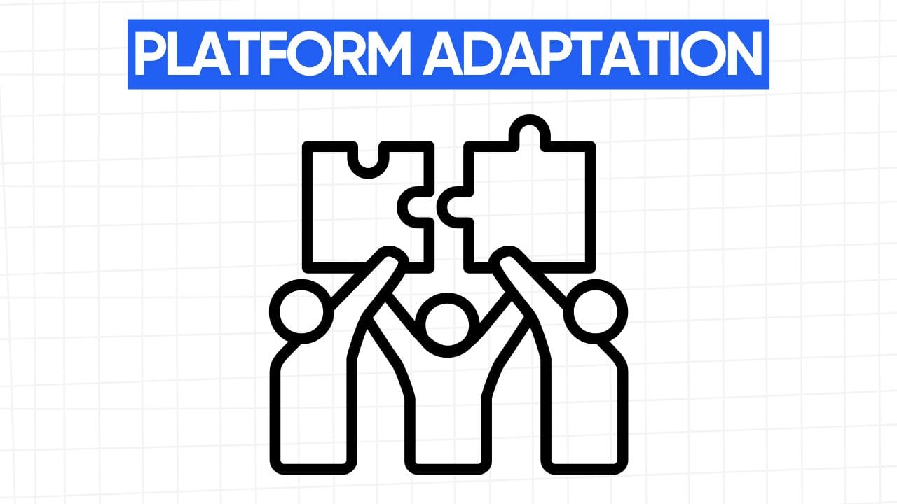 Three stick figures holding puzzle pieces together, representing platform adaptation. The words "PLATFORM ADAPTATION" appear in a blue banner at the top. The background is a grid pattern of light gray.
