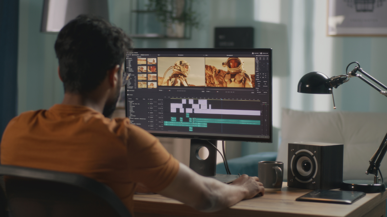 A medium shot of a man from behind, sitting at a desk and working on a computer. The computer screen displays a video editing timeline with various clips, including an astronaut, a statue, and other abstract imagery. A cup, a speaker, and a lamp are also visible on the desk. The room appears to be a home office or creative workspace.