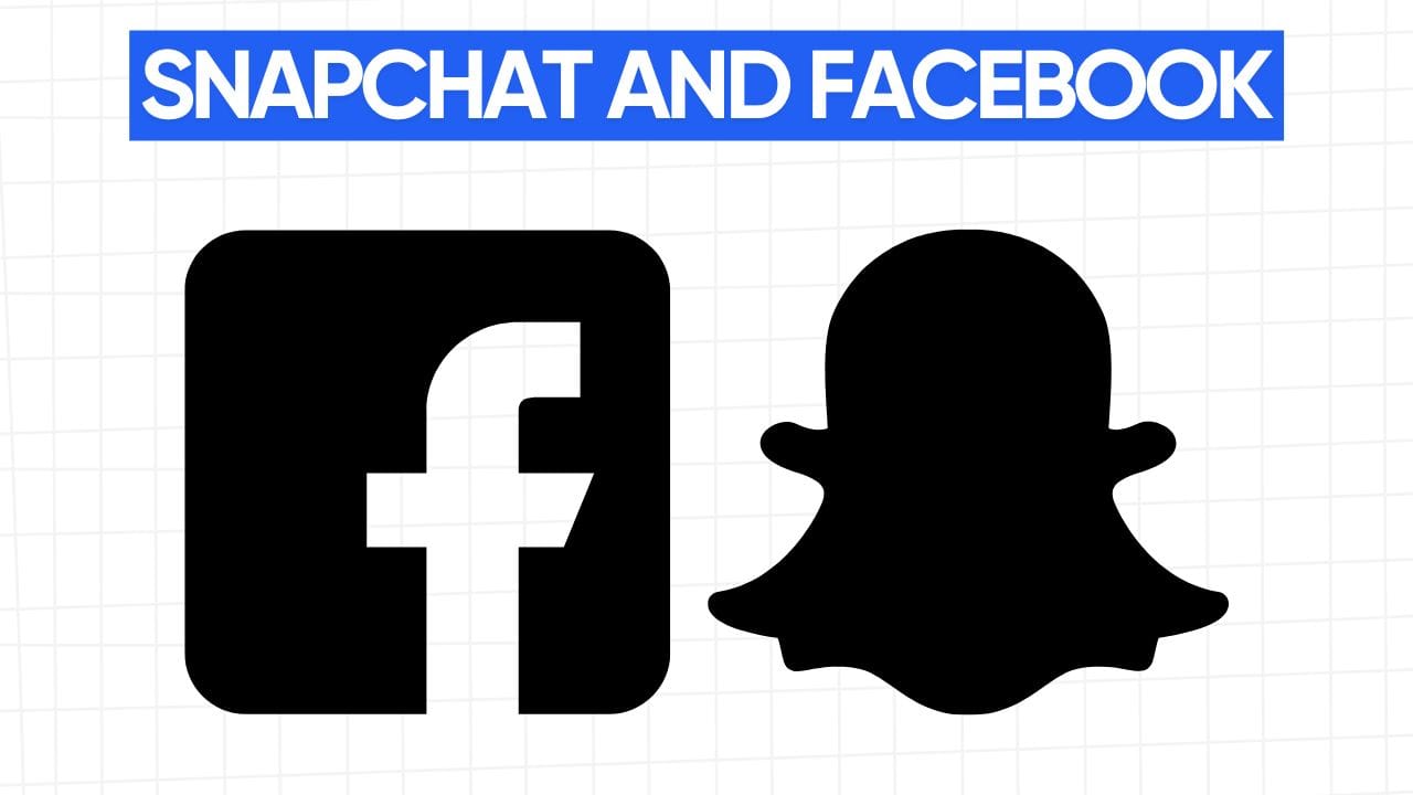 The Facebook "f" logo in a black square and the Snapchat ghost logo in black, side-by-side. The words "SNAPCHAT AND FACEBOOK" appear in a blue banner at the top. The background is a grid pattern of light gray.