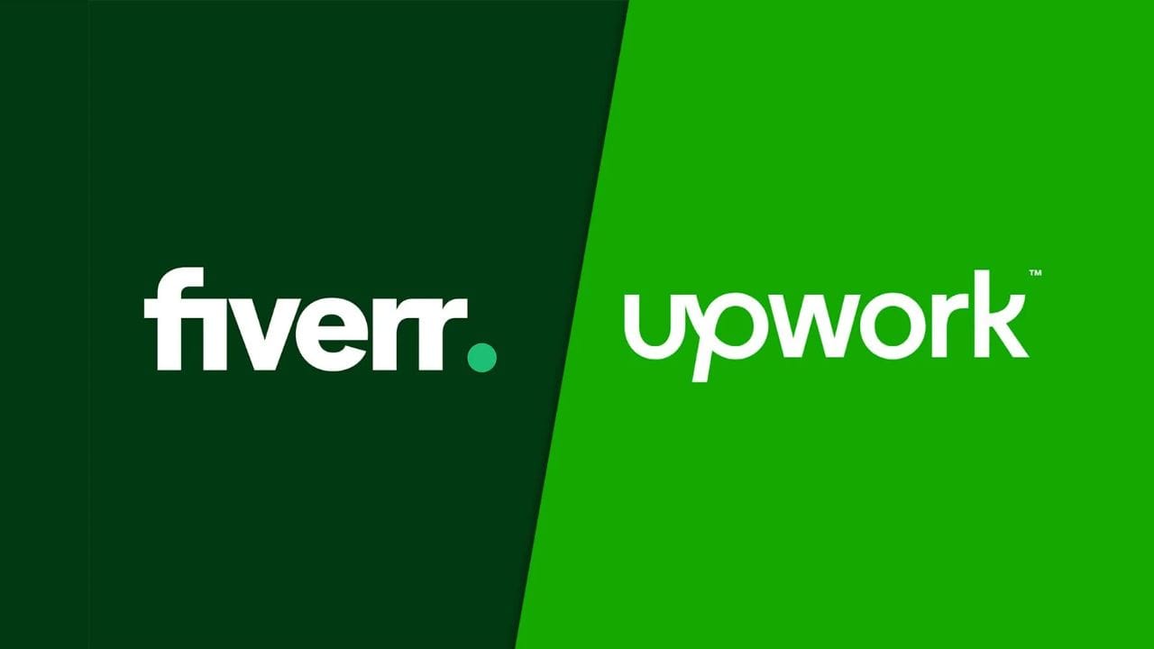 The logos for Fiverr and Upwork, side-by-side. The Fiverr logo is white text on a dark green background, and the Upwork logo is white text on a bright green background. The background is split diagonally between the two colors.