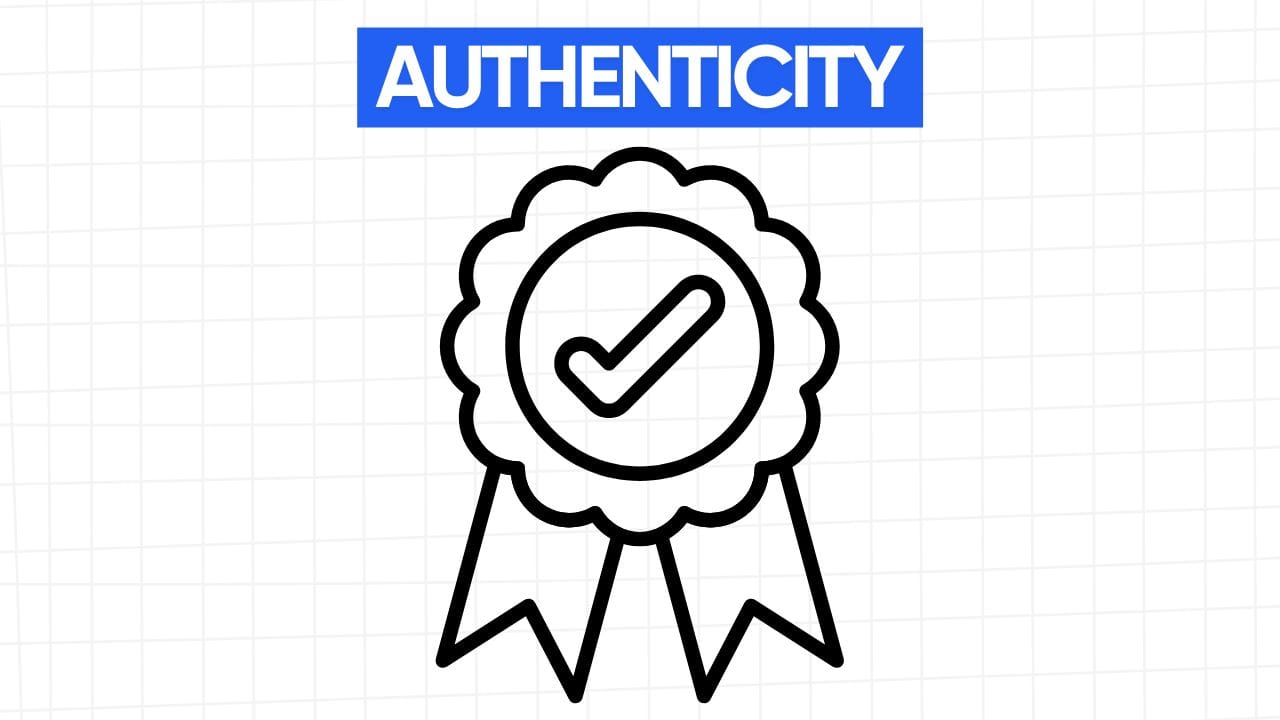 A line art illustration of a ribbon with a checkmark inside, representing authenticity. The word "AUTHENTICITY" appears in a blue banner at the top. The background is a grid pattern of light gray.