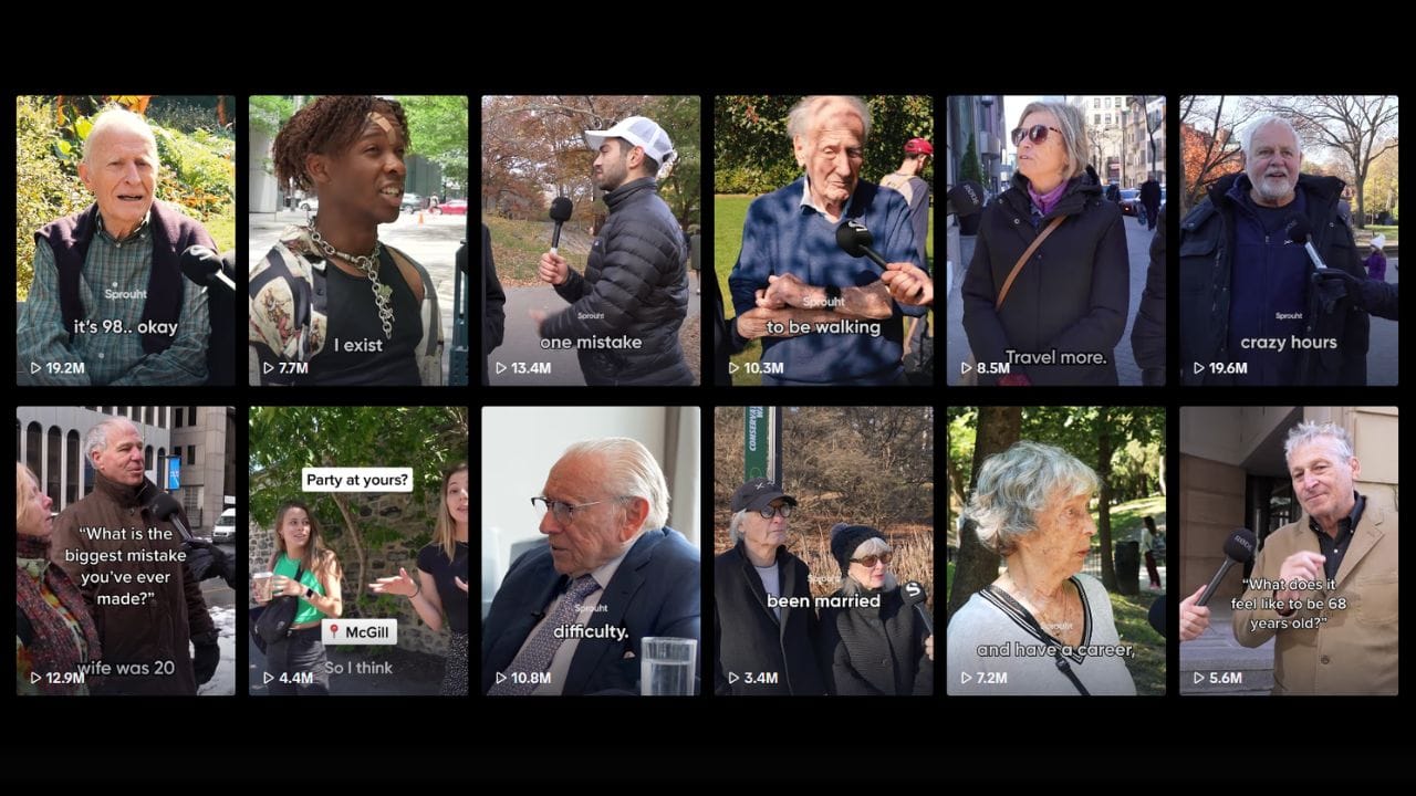 Twelve vertical video thumbnails, each showing a different person being interviewed on the street. Text overlays on each thumbnail include phrases like "it's 98.. okay," "I exist," "one mistake," "to be walking," "Travel more," "crazy hours," "Party at yours?", "difficulty," "been married," "and have a career," and "What does it feel like to be 68 years old?" The video titles are not fully visible but include phrases like "What is the biggest mistake you've ever made?" and "McGill." View counts are listed below each title, ranging from 3.4M to 19.6M.
