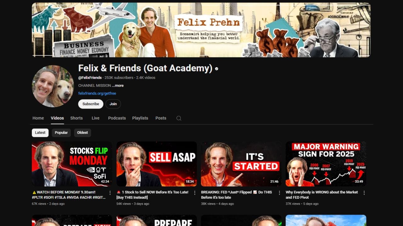 A YouTube channel page screenshot of "Felix & Friends (Goat Academy)" (@FelixFriends) with 253K subscribers. The channel banner shows Felix Prehn with his dog and various financial-themed graphics. The "Videos" tab displays four thumbnails with titles like "A WATCH BEFORE MONDAY 9.30am !! #PLTR #SOFI #TSLA #NVDA #ACHR #RGIT ...," "A 1 Stock to Sell NOW Before It's Too Late! [Buy THIS Instead!]," "BREAKING : FED Just Flipped - Do THIS Before it's too late," and "Why Everybody is WRONG about the Market and FED Pivot." The thumbnails feature Felix Prehn and various financial-related graphics. The video durations range from 18:34 to 42:34. The view counts range from 37K to 67K. The uploads date from 2 to 5 days ago. The words "STOCKS FLIP MONDAY," "SELL ASAP," "IT'S STARTED," and "MAJOR WARNING SIGN FOR 2025" are visible on the thumbnails. The channel also has a "Subscribe" and "Join" button.